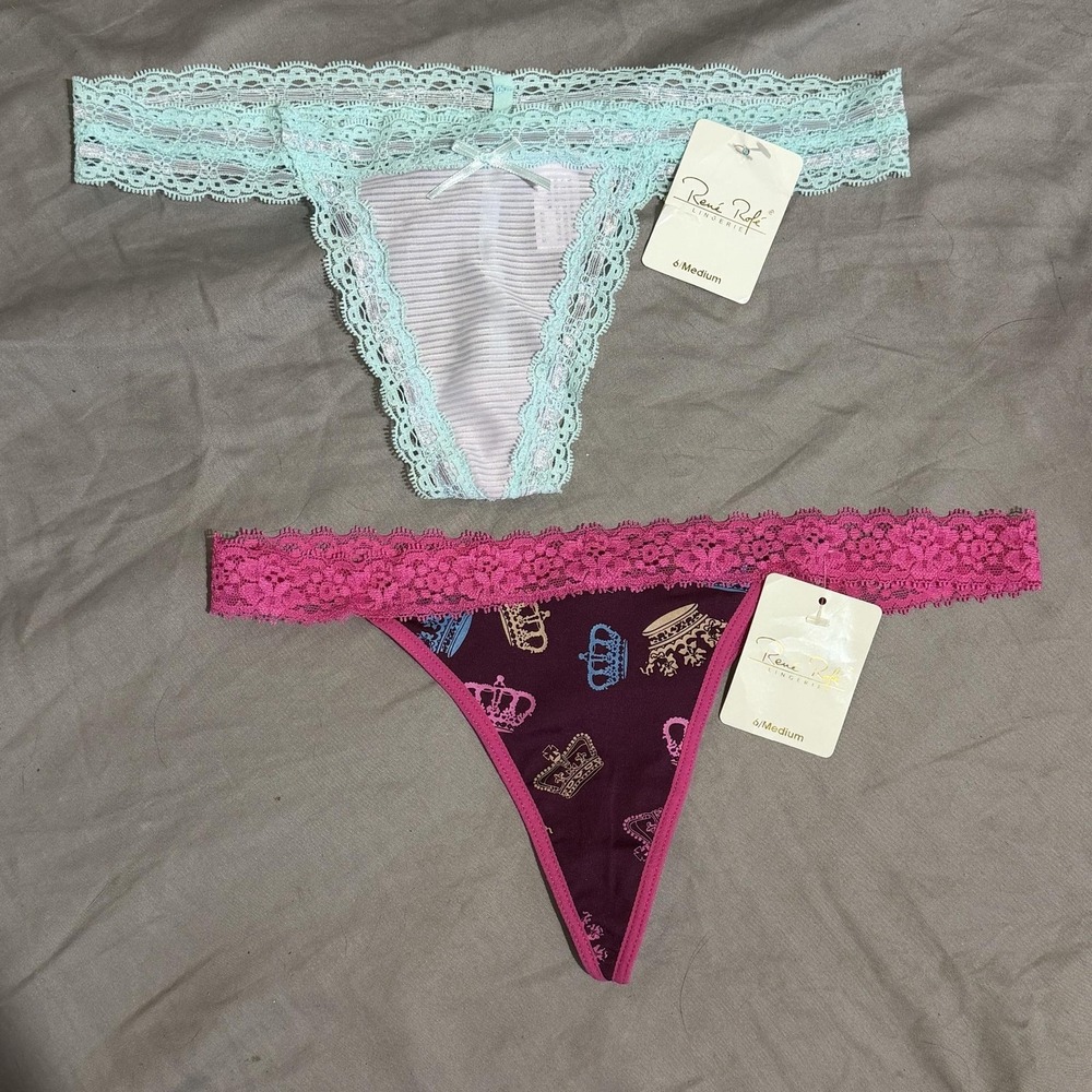 Rene Rofe Panties Womens M/6 Medium Multicolor Lace Thong 2 Pack Crown Stripe
